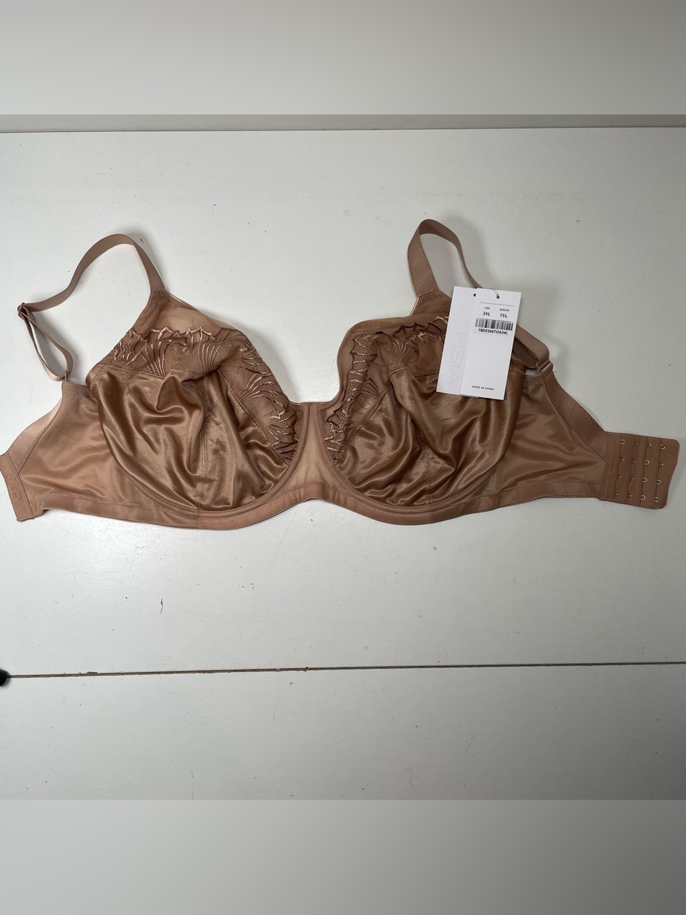 New HSIA Full Coverage Lace Unlined Underwire Minimizer Bra size 34L Beige